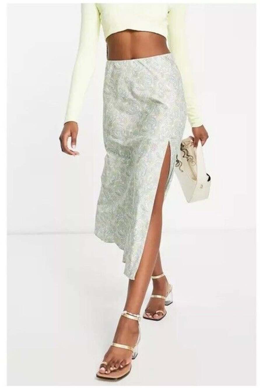 ASOS Miss Selfridge Green Paisley Satin Midi Skirt Slit Elastic Waist Size 6 NEW